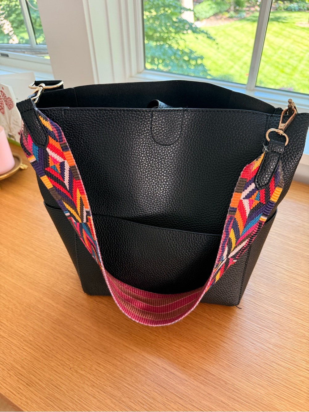 Black Faux Leather Crossbody Tote with Colorful Strap
